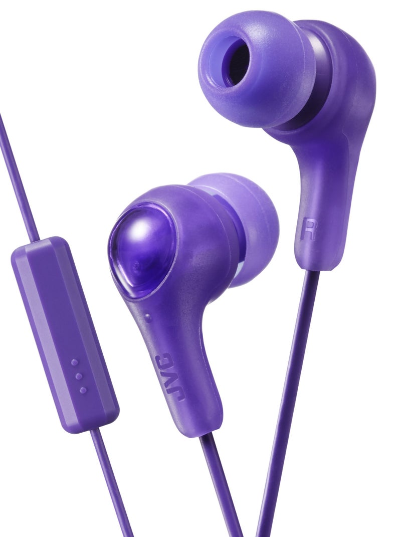 JVC PURPLE GUMY In ear earbuds with stay fit ear tips and MIC. Wired 3.3ft colored cord cable with headphone jack. Small, medium, and large ear tip earpieces included. JVC GUMY HAFX7MV - Image 1